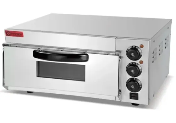 Электрическая печь для пиццы с одним отделением и управлением температурой. Стальной корпус с зеркальной отделкой и боковыми вентиляционными решетками
