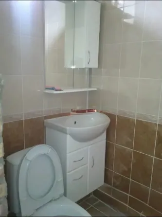 Құрылыс үстіндегі кірпішпен әрленген үй және қызыл шатыр