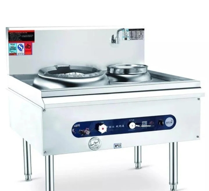Профессиональная кухонная плита с двумя конфорками и механизмом подачи воды, выполненная из нержавеющей стали