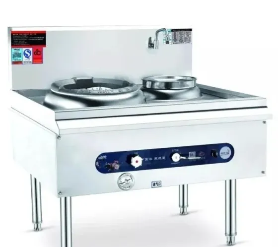 Кәсіби асүй плита, екі котлмен және жуғыш кранмен, мейрамханалар мен кафелер үшін тот баспайтын болаттан жасалған.