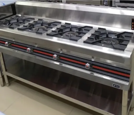 Көптеген жанармай қыздырғыштары бар кәсіби газ плитасы, тот баспайтын болаттан жасалған, мейрамханалар мен кафелер асханаларында қолдануға арналған.