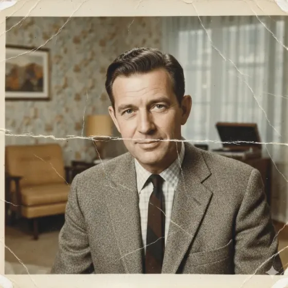 Портрет мужчины в сером костюме на фоне комнаты с обоиами и мебелью