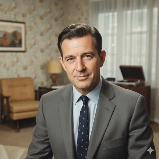 Портрет мужчины в сером костюме на фоне комнаты с обоиами и мебелью