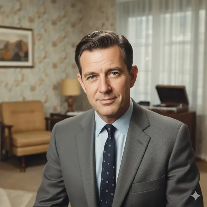 Портрет мужчины в темно-синем костюме на фоне комнаты с оконным светом и креслом