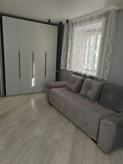 Комната с серым диваном и большим шкафом