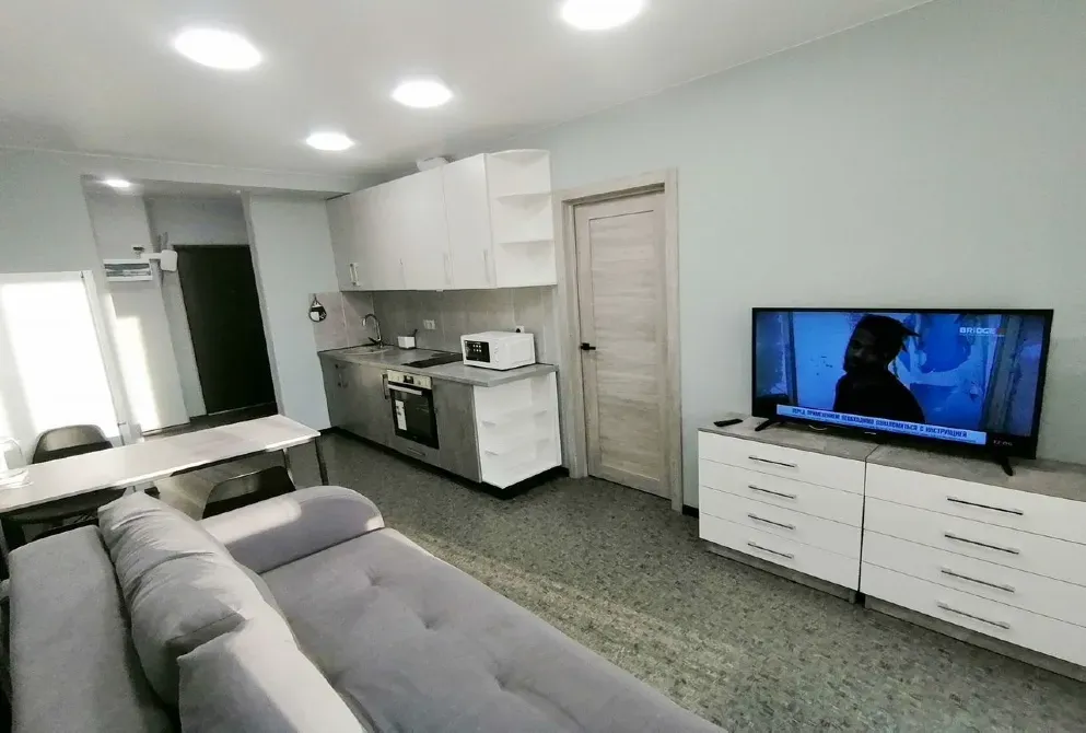 Студия с кухней и зоной отдыха, телевизором и современным интерьером