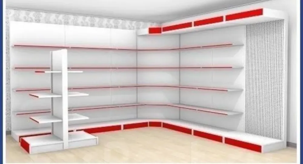 угловой торговый стеллаж с полками красного цвета