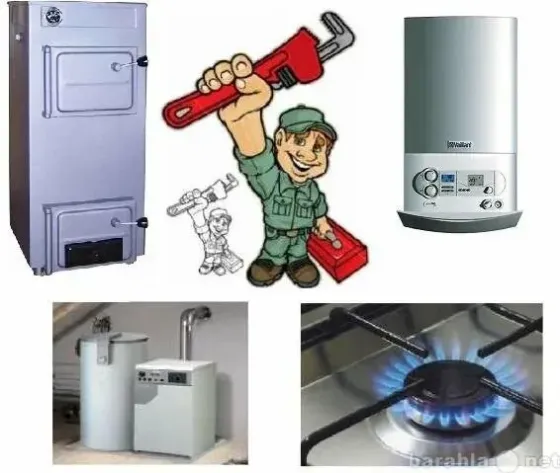 Реклама услуг по ремонту и диагностике котлов и колонок | Мультяшный сантехник с инструментами | Сборник изображений котлов, сантехников и газового об