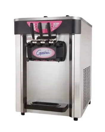 Үш краникпен жабдықталған балмұздақ машинасы, заманауи дизайн және металл корпус.