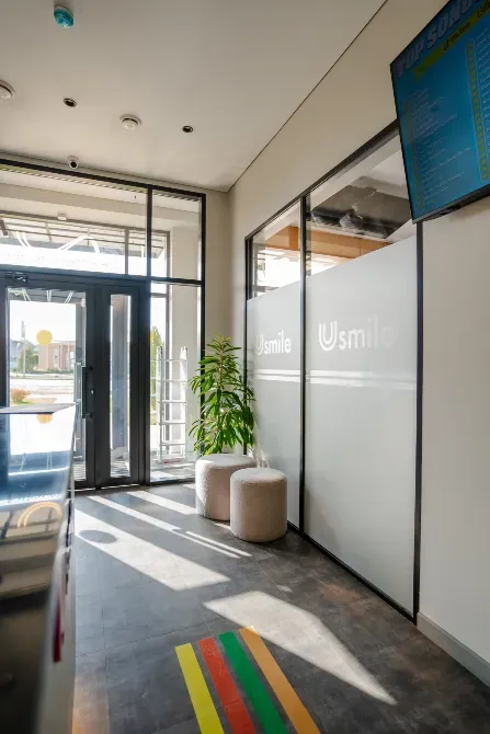 Вход в стоматологический кабинет с растением и яркими элементами дизайна