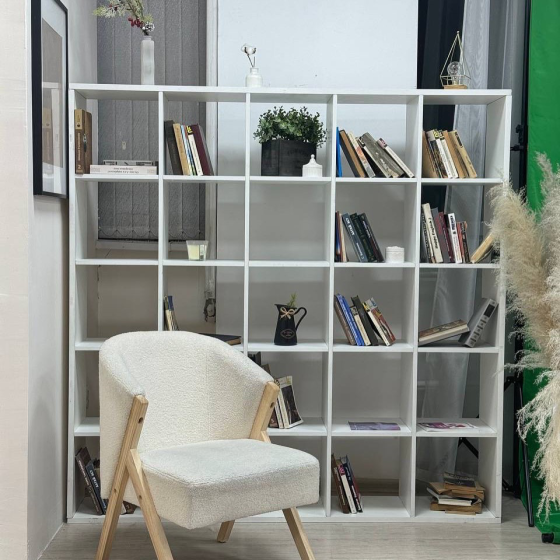 Өсімдіктер мен кітаптармен толтырылған кітап сөресі, бөлменің фонында