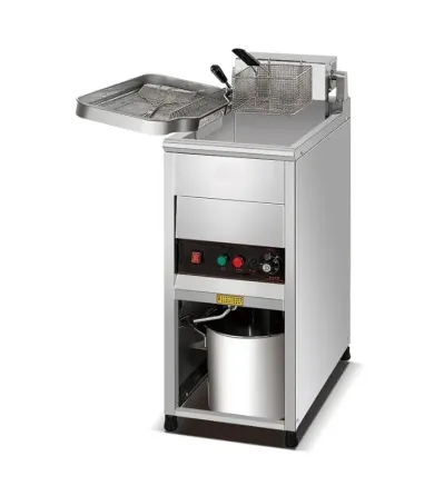 Кухонная фритюрница с одним баком и двумя корзинами для жарки. Стальной корпус, безопасные кнопки управления и встраиваемая система для сбора масла