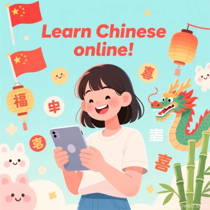 Қытай тілін онлайн үйрену: бақытты қыздың суретімен, Қытай символикасымен, айдаһарлармен және шамдармен.