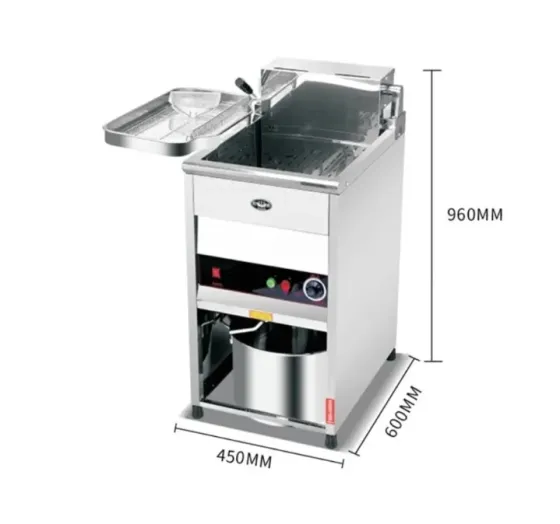 Электрическая фритюрница с размерами 450x600x960мм и открывающейся крышкой, используется для приготовления пищи в ресторанах и кафе