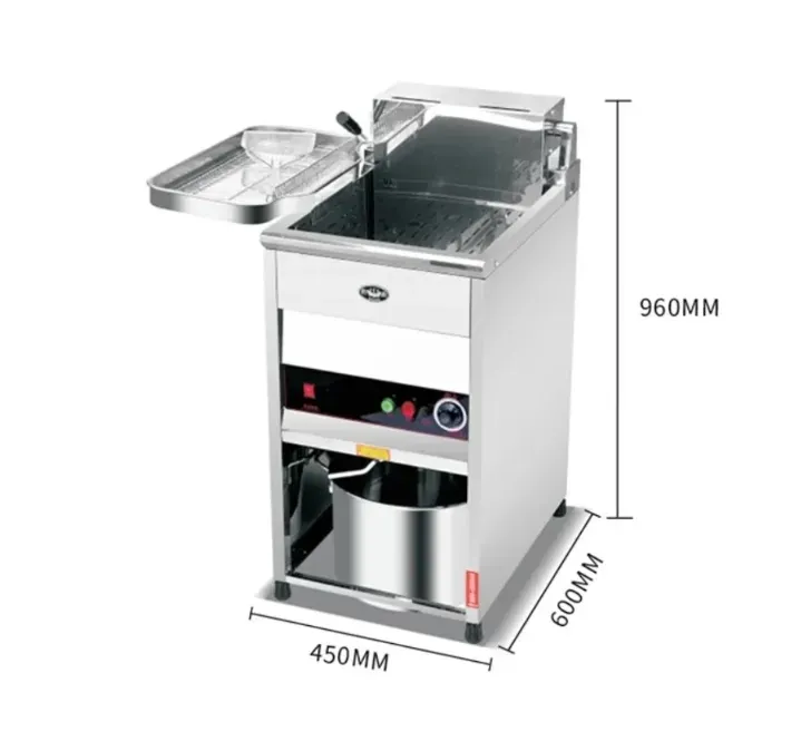 Электрическая фритюрница с размерами 450x600x960мм и открывающейся крышкой, используется для приготовления пищи в ресторанах и кафе