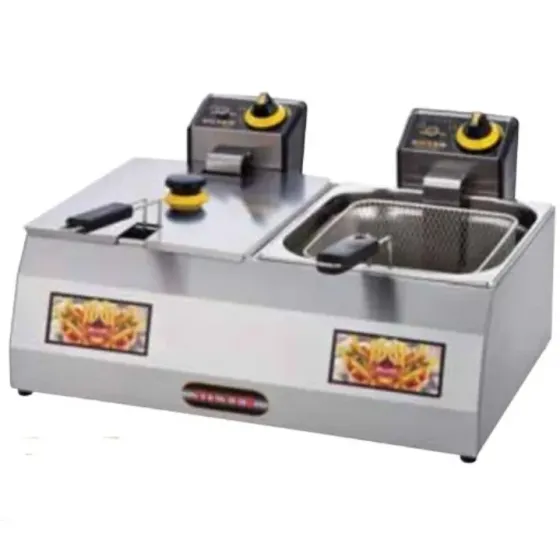 Фритюрница с двумя баками для приготовления картофеля фри и других блюд. Стальной корпус, регулируемые термостаты для контроля температуры