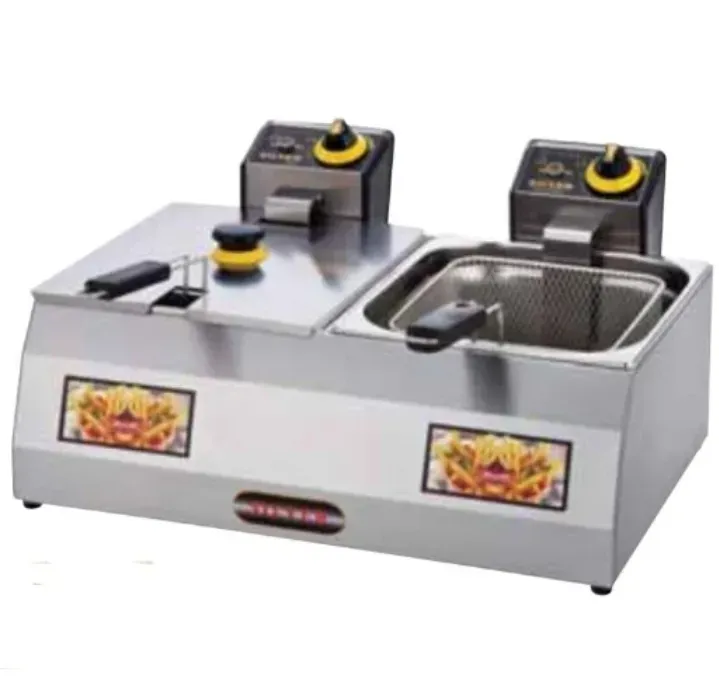 Фритюрница с двумя баками для приготовления картофеля фри и других блюд. Стальной корпус, регулируемые термостаты для контроля температуры