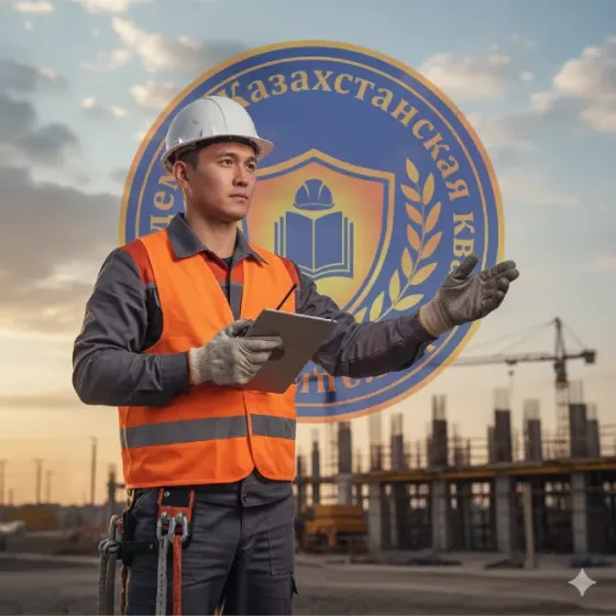 Рабочий в защитном жилете и helmet с планшетом на строительной площадке на фоне логотипа Казахстанской квалификационной ассоциации
