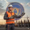 Қорғаныс жилетін және каскасын киген жұмысшы, құрылыс алаңында планшетпен, Қазақстанның Квалификация Ассоциациясының логотипі фонында.