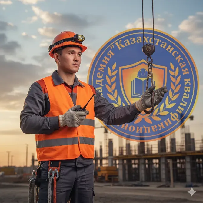 Қазақстан академиясының логотипі бар құрылыс алаңындағы қорғаушы киімдегі жұмысшы.