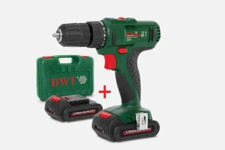 Екі аккумулятормен және сақтау қорабымен жабдықталған аккумуляторлы дрель-шуруповерт.