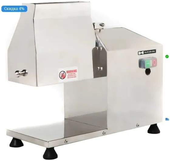 Машина для нарезки продуктов из нержавеющей стали с предупреждающей наклейкой и кнопками управления