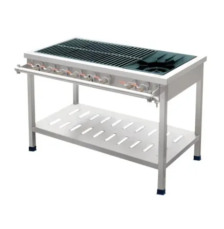 Кухонная плита с газовыми конфорками и решеткой для гриля, выполненная из нержавеющей стали, с нижней полкой для хранения