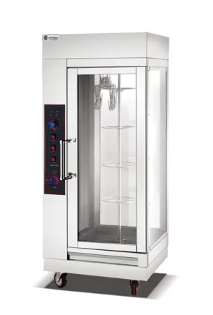 Стеклянная витрина для хранения продуктов с металлическим каркасом и колесиками для мобильности. Витрина имеет четыре полки и управление температурой