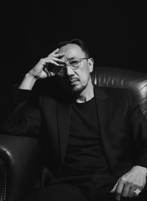 Қара киімдегі адамның портреті, креслода отыр, ойға шомған жүзбен және қолдары маңдайында.