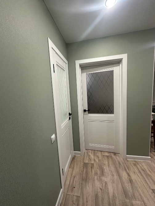 Коридор с зелеными стенами и двумя дверями, одна из которых со стеклянными вставками