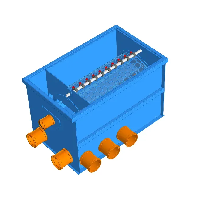 Модель синего контейнера с внутренним механизмом и трубными выходами
