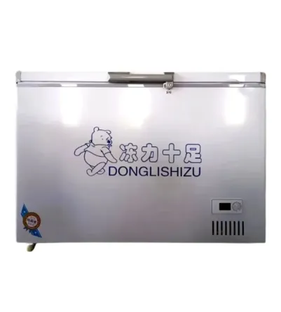 Холодильник-морозильник с логотипом DONGLISHIZU, имеющий белый цвет и ручку для открытия