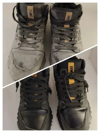 Обувь с белыми кожаными кроссовками, показанными разделённо на две стороны, где одна сторона грязная, а другая чистая