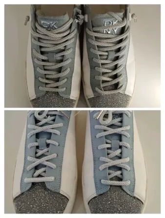 Обувь с белыми кожаными кроссовками, показанными разделённо на две стороны, где одна сторона грязная, а другая чистая