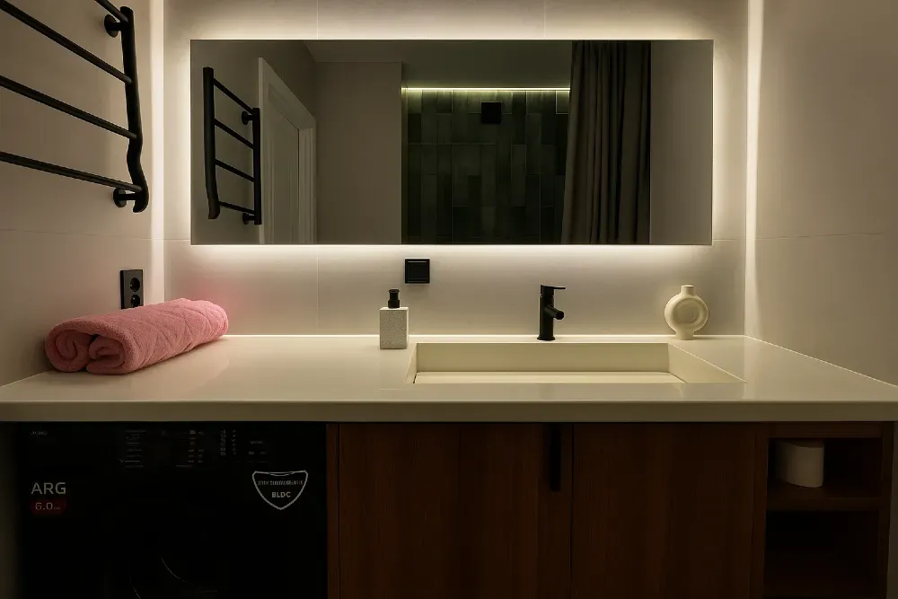 Құрал-жабдықтары мен үлкен айнасы бар заманауи жуынатын бөлме