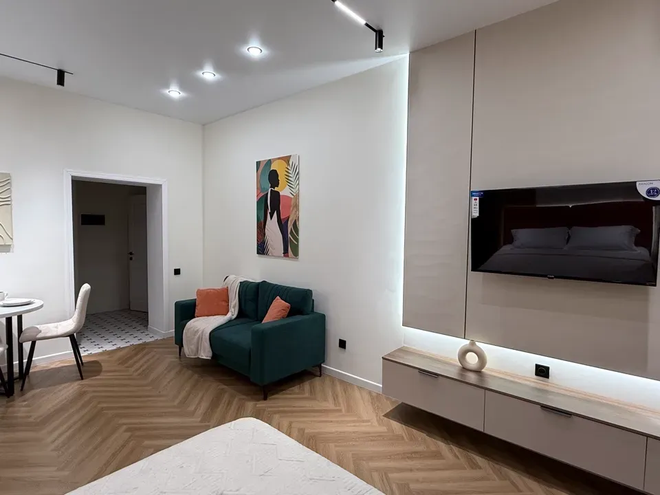 Телевизор мен диван бар жайлы демалыс бөлмесі