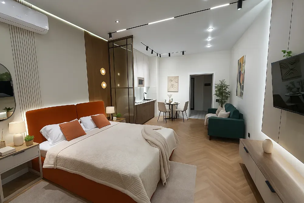 Кухня аймағы мен асханалық үстелі бар көпфункциялы бөлме