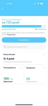 Персональный абонемент на 730 дней, информация о посещениях, бонусные дни, остаток заморозки