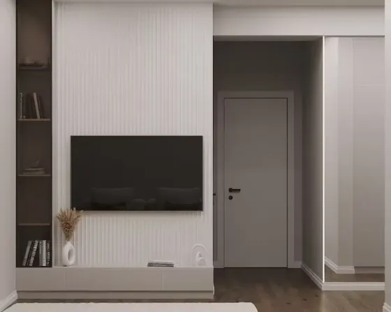 Современный интерьер с телевизором на стене и полками для книг