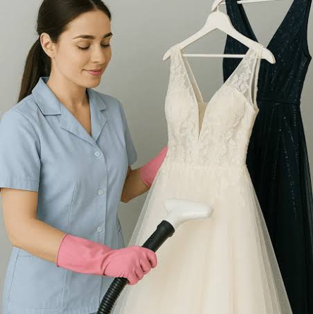 Женщина в униформе парит платье для специального случая, используя отпариватель для одежды. На вешалках висят два платья различных цветов