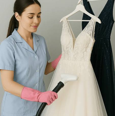 Женщина в униформе парит платье для специального случая, используя отпариватель для одежды. На вешалках висят два платья различных цветов