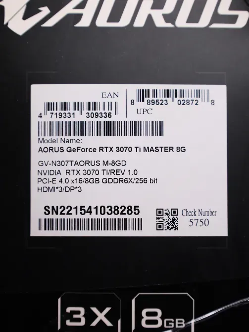 AORUS GeForce RTX 3070 Ti видеокартасының техникалық ақпараттары этикеткада