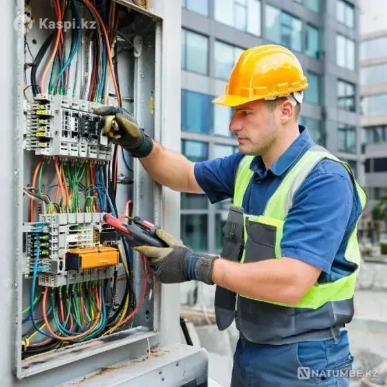 Рабочий с инструментами на поясе, занимающийся электромонтажом