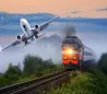 Кешкірде ұшып жүрген ұшақтың фонында теміржолмен жүрген поезд.