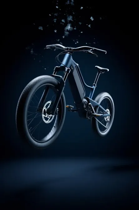 Велосипед в полете на темном фоне, демонстрирующий стильный и современный корпус