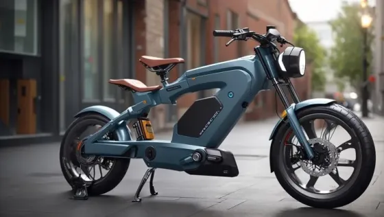 Электрический мотоцикл с уникальным дизайном и кожаными сиденьями на улицах города