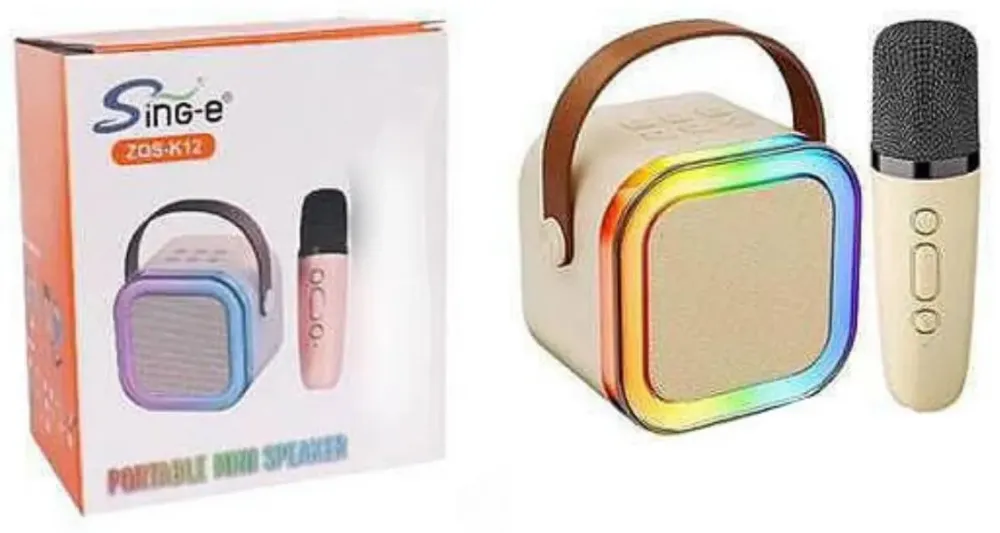 Портативная мини-колонка с микрофоном, упаковка и сам продукт, цветная подсветка