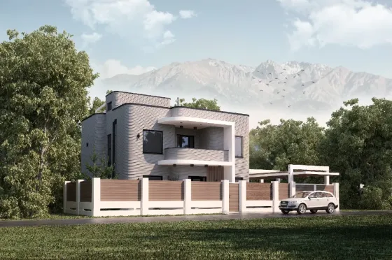 Современный дом с необычным дизайном и зелеными насаждениями вокруг