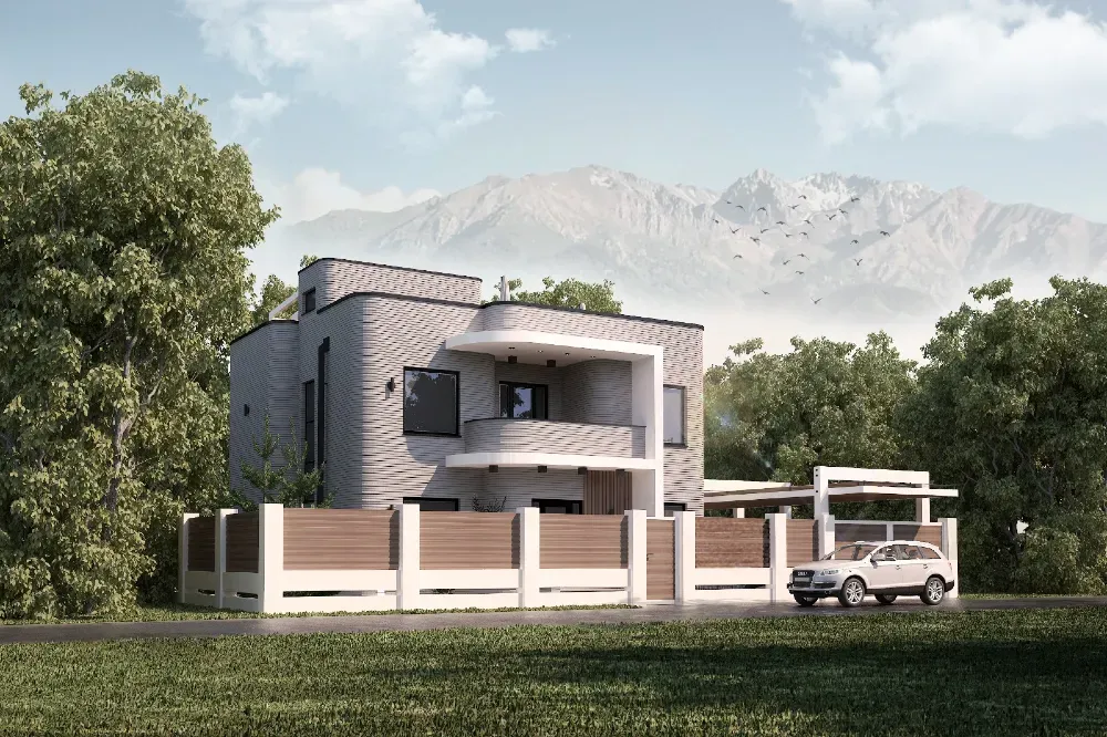 Современный дом с необычным дизайном и зелеными насаждениями вокруг