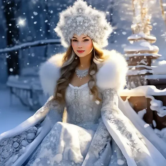 Ақ киімдегі және тондағы қысқы ару, қарлы пейзаждың фонында, сиқырлы атмосфера, жарқыраған қар сияқты.